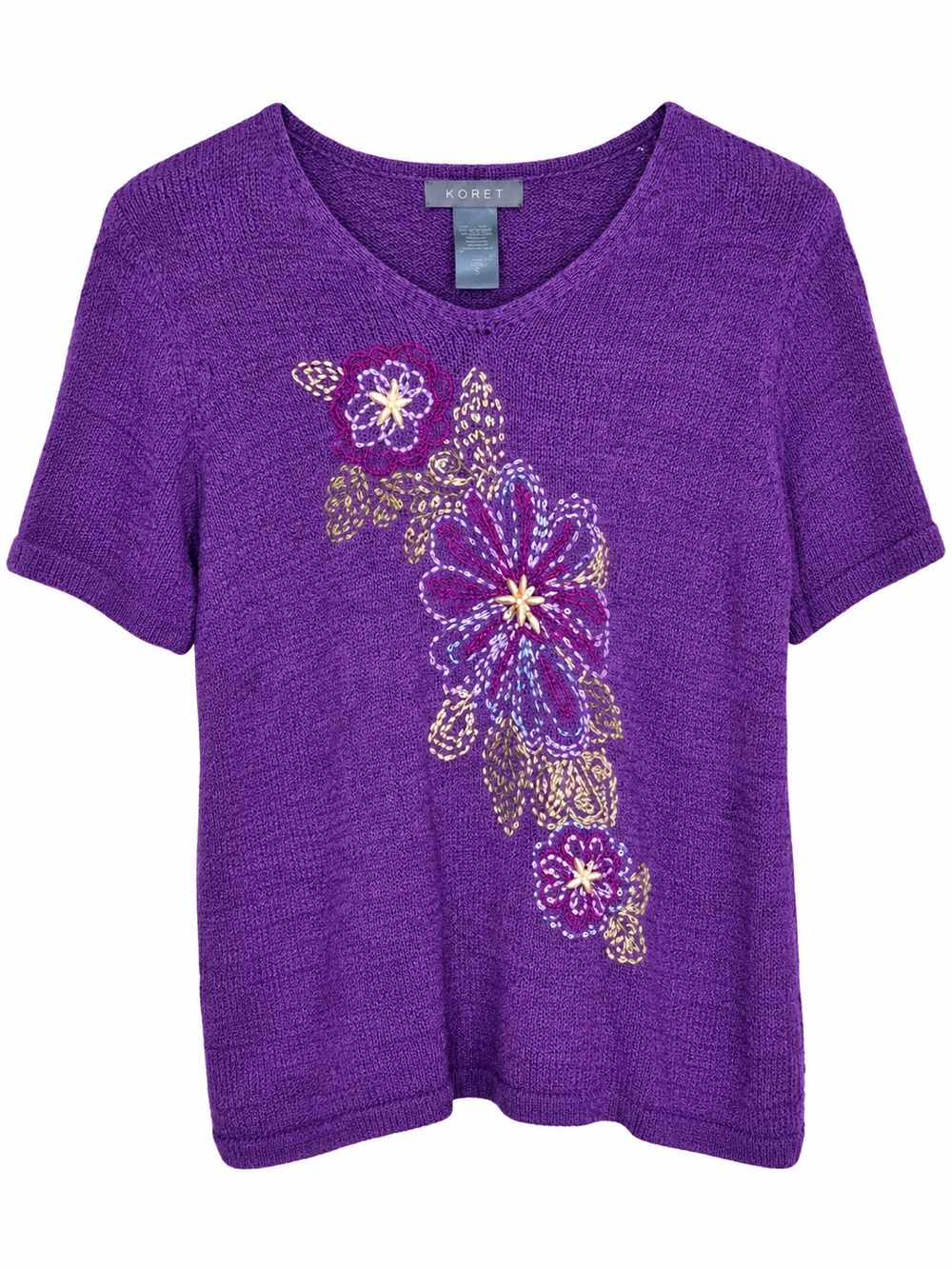 Vintage Koret Purple Floral Embellished Knit Short Sleeve Sweater Top Small